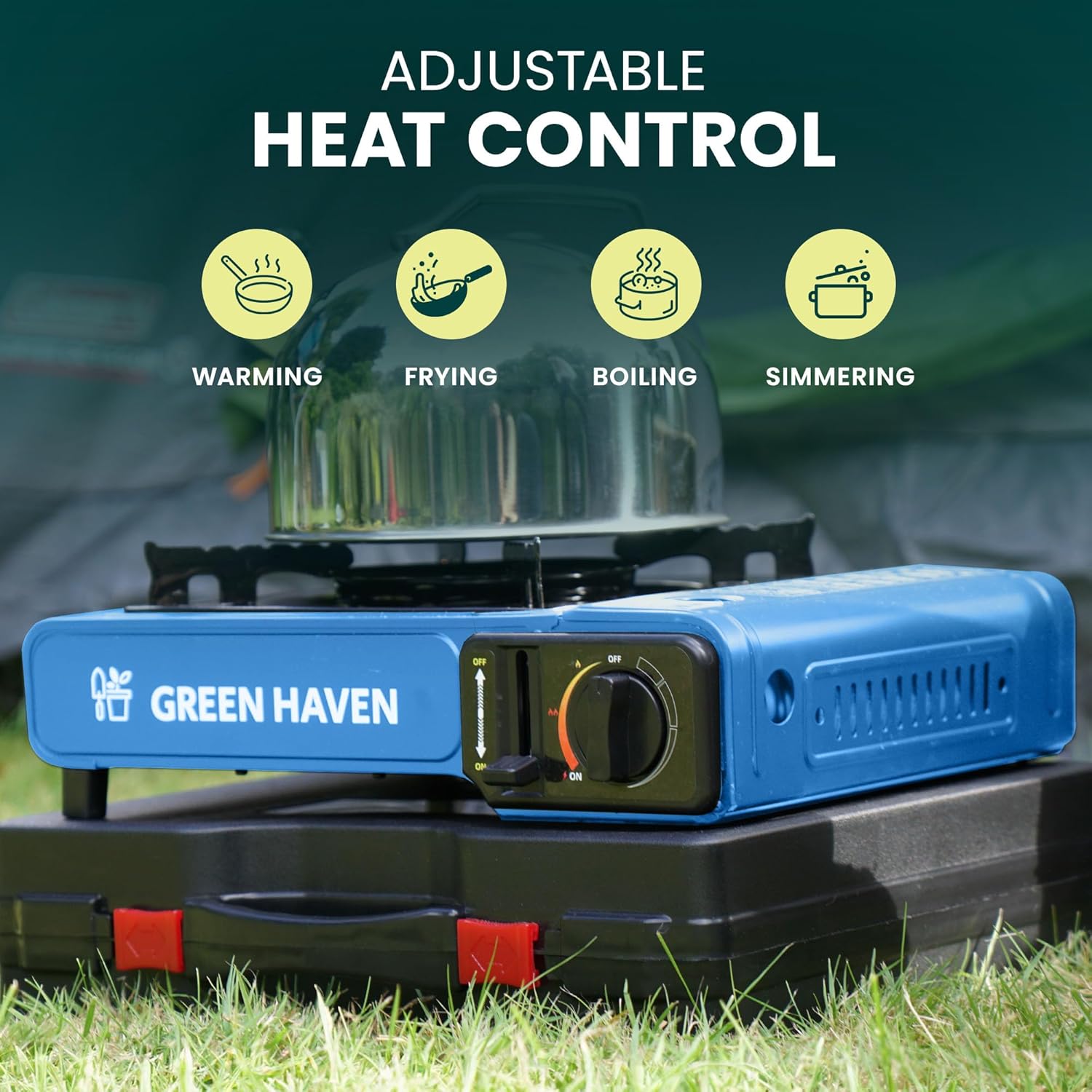 GREEN HAVEN Portable Camping Stove with Cary Case - Premium Camping Gas Stove, EN417 Compliant, Portable Gas Stove with Automatic Ignition & Heat Control, Blue