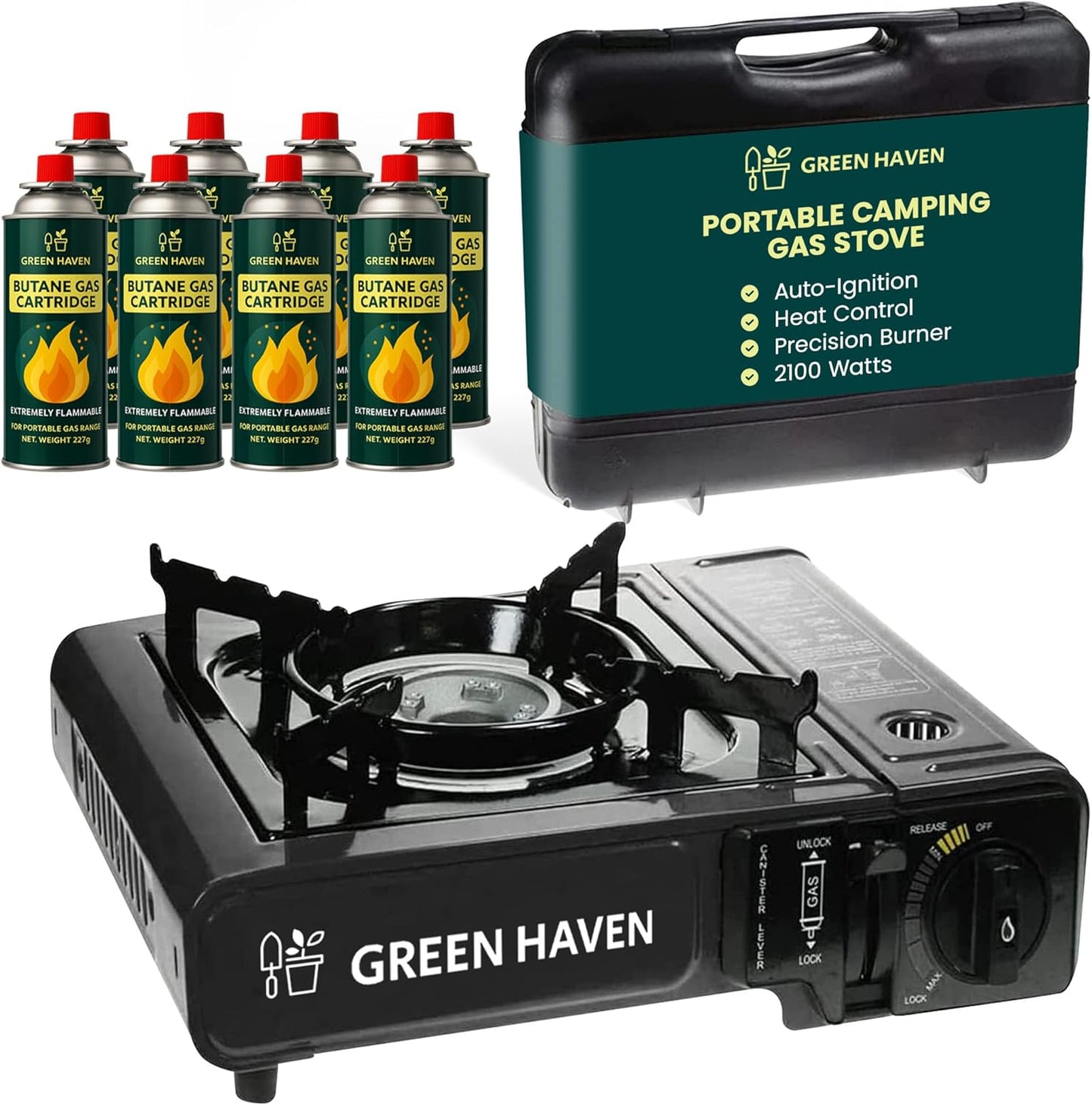 GREEN HAVEN Black Portable Camping Stove with Cary Case & 8 Butane Gas - Premium Camping Gas Stove, EN417 Compliant, Portable with Automatic Ignition & Heat Control