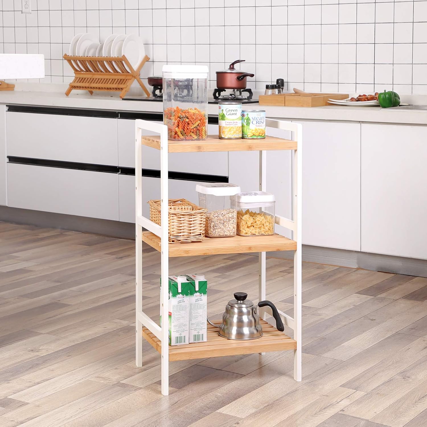 SONGMICS 3-Tier Bamboo Storage Rack for Bathroom, Kitchen, Bedroom, 45 x 31.5 x 80 cm, Natural and White BCB73Y