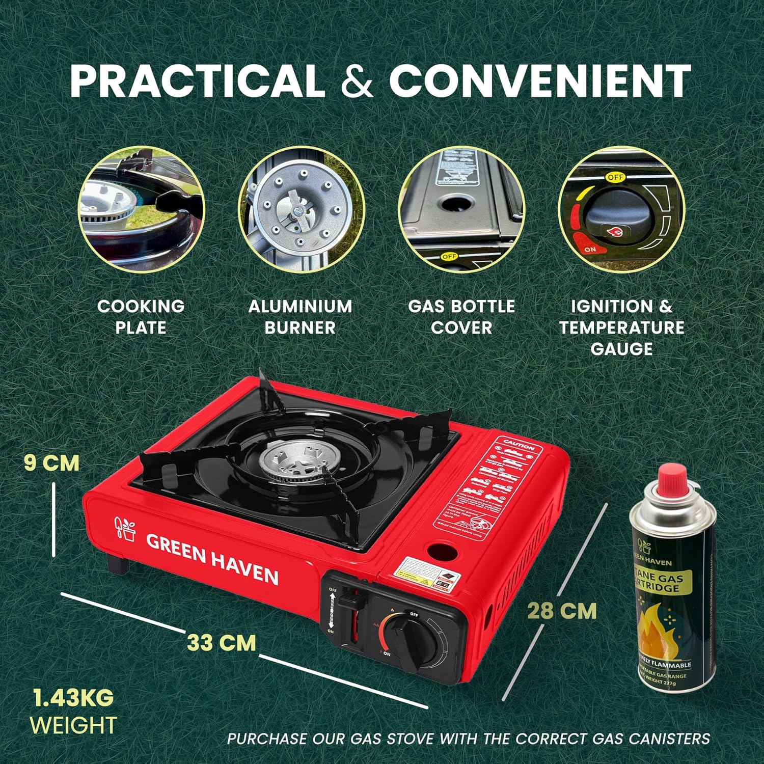 GREEN HAVEN Red Portable Camping Stove with Cary Case & 8 Butane Gas - Premium Camping Gas Stove, EN417 Compliant, Portable with Automatic Ignition & Heat Control
