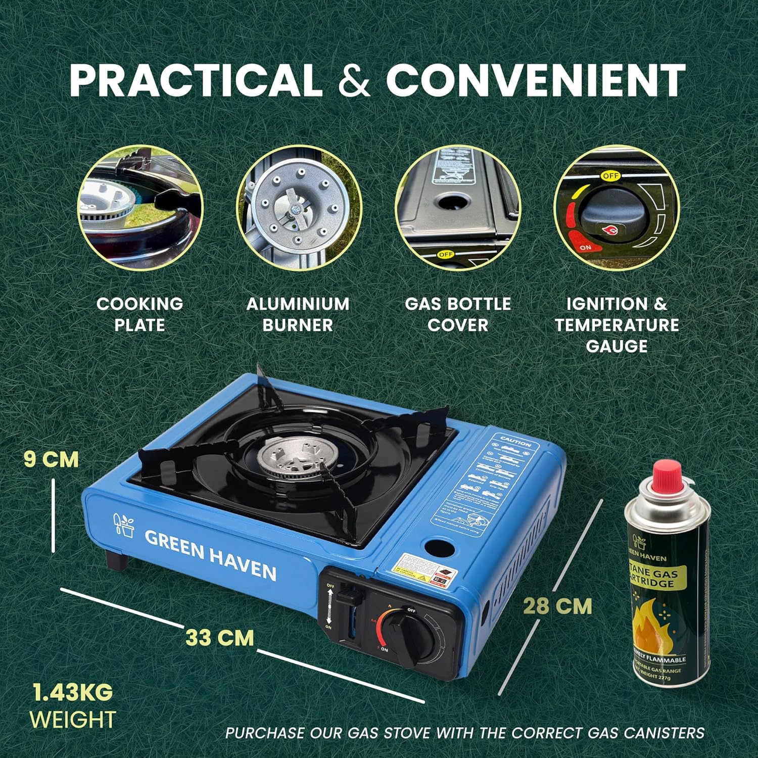 GREEN HAVEN Portable Camping Stove with Cary Case - Premium Camping Gas Stove, EN417 Compliant, Portable Gas Stove with Automatic Ignition & Heat Control, Blue