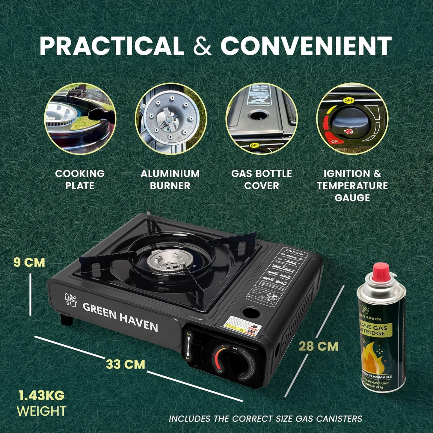 GREEN HAVEN Black Portable Camping Stove with Cary Case & 8 Butane Gas - Premium Camping Gas Stove, EN417 Compliant, Portable with Automatic Ignition & Heat Control